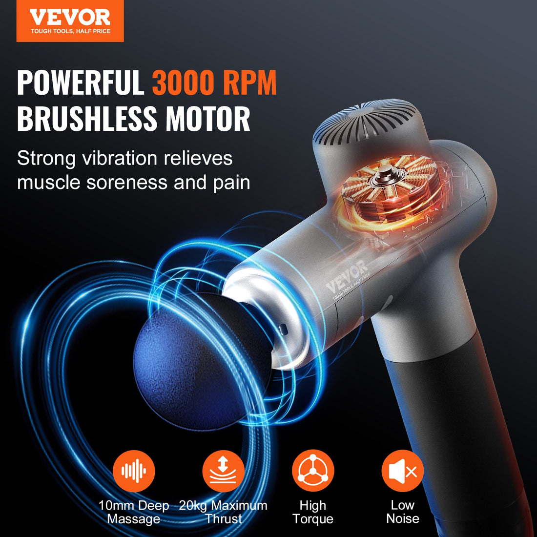 VEVOR Professional Massage Gun Deep Tissue Percussion 8 Speed 6 Heads