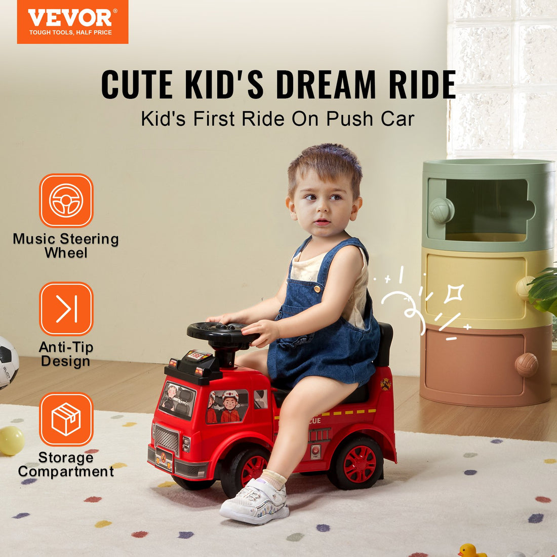 Kids Ride On Push Car Toddler Ages 1-3 with Music Steering Wheel Red