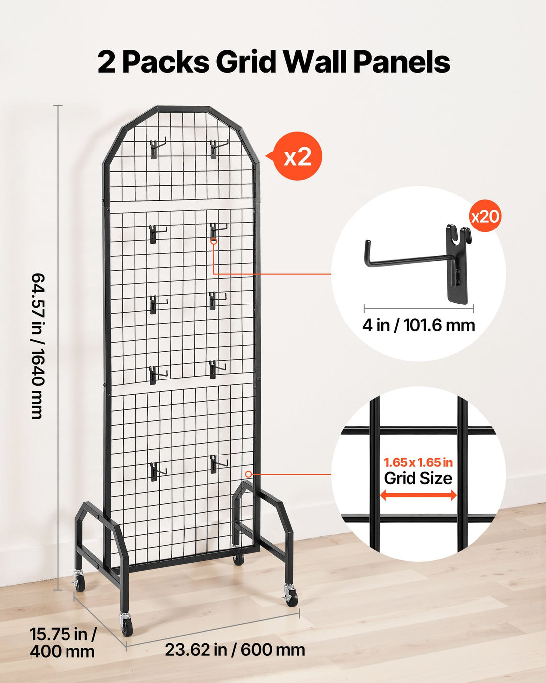 2-Pack Grid Wall Display Panel with Wheels 600x1640mm Black Steel