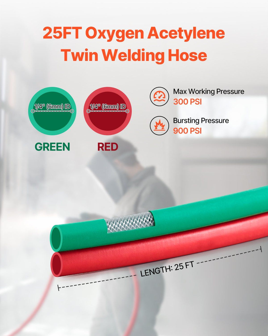 VEVOR Oxy Acetylene Twin Welding Hose 1/4 inch 7.6m R Grade Red Green