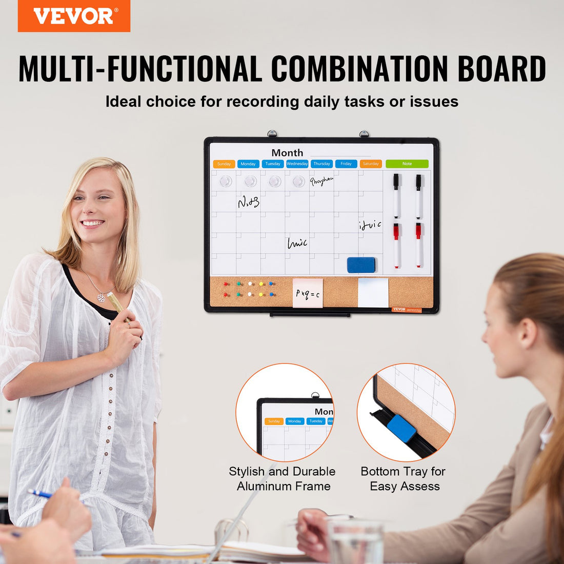 2-in-1 Monthly Calendar Whiteboard and Cork Board Combo 24x18 Aluminium Frame