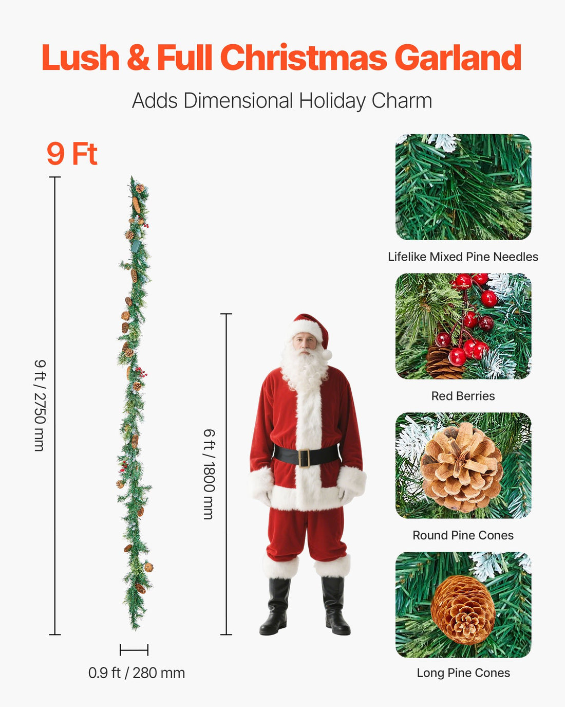 Warm White LED Christmas Garland 2.75m with Berry Clusters