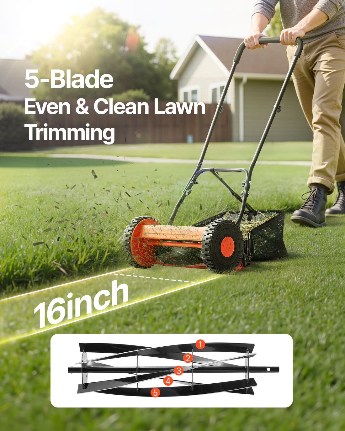 Manual Reel Lawn Mower 400mm 5-Blade Adjustable Height