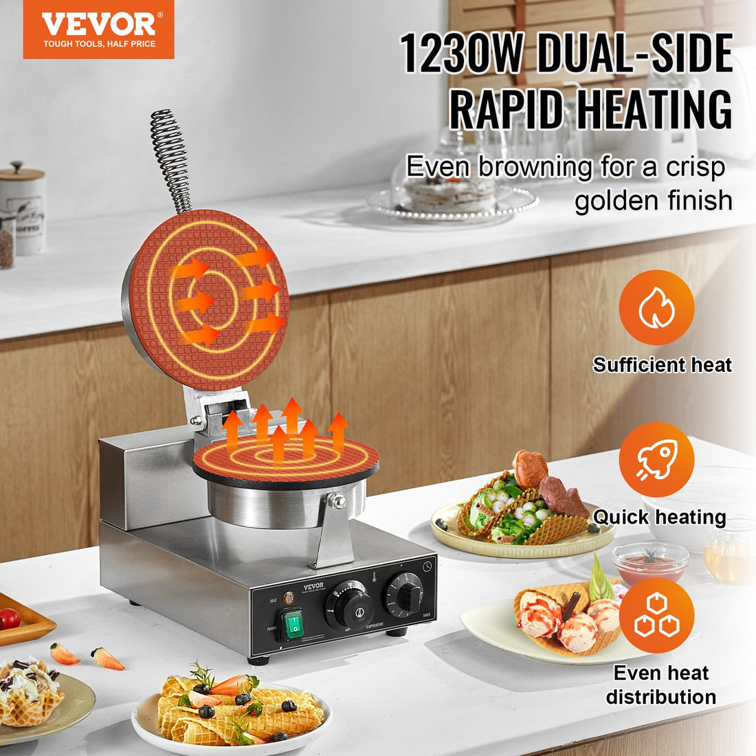 Vortaz Waffle Cone Maker Commercial Ice Cream 1230W Stainless Steel