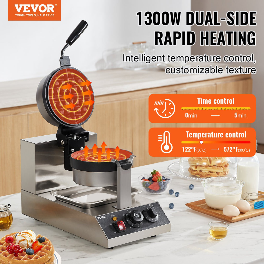 Vortaz Commercial Waffle Maker Belgian Round 1300W Stainless Steel