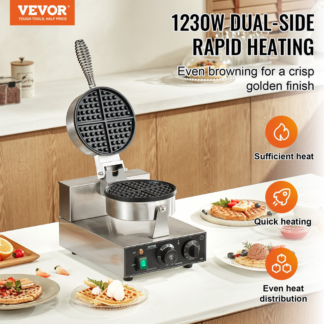 Vortaz Belgian Waffle Maker 1230W Commercial Non-Stick Steel