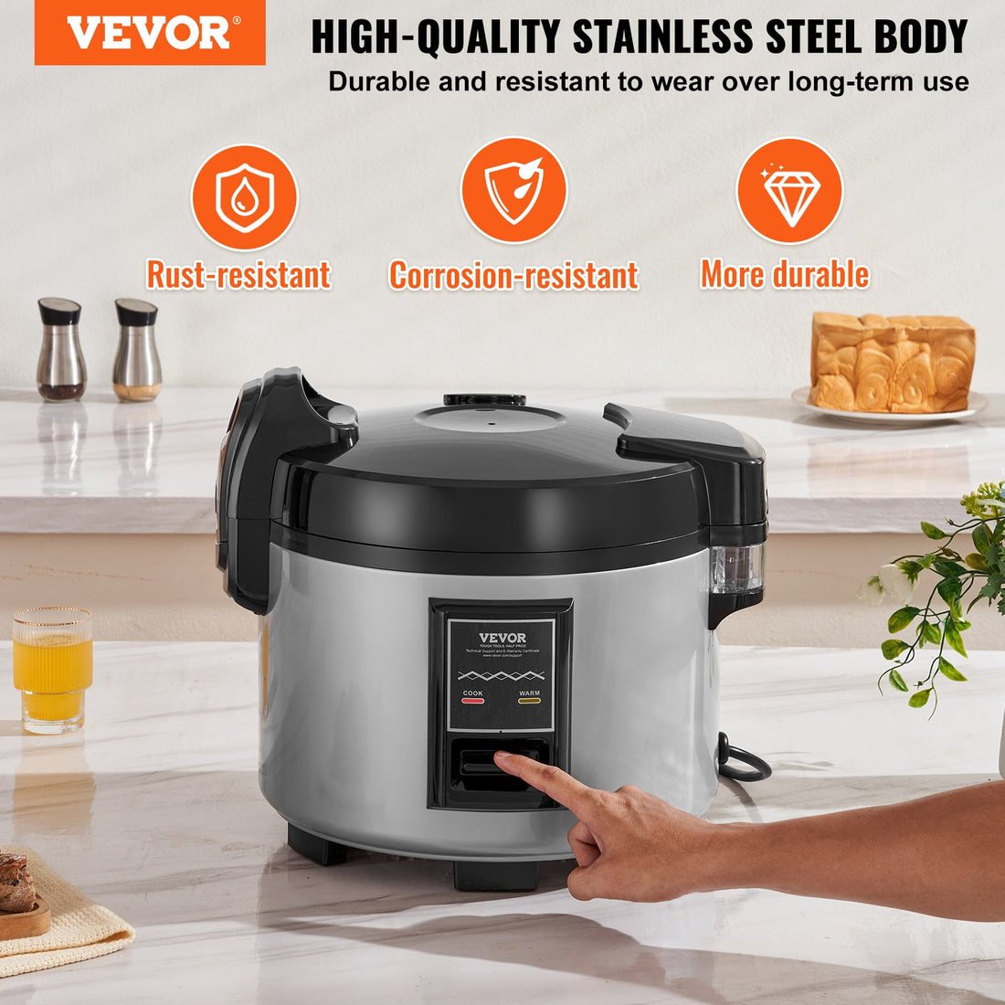 Vortaz Commercial Rice Cooker 9L 45 Cups 3D Heating Stainless Steel