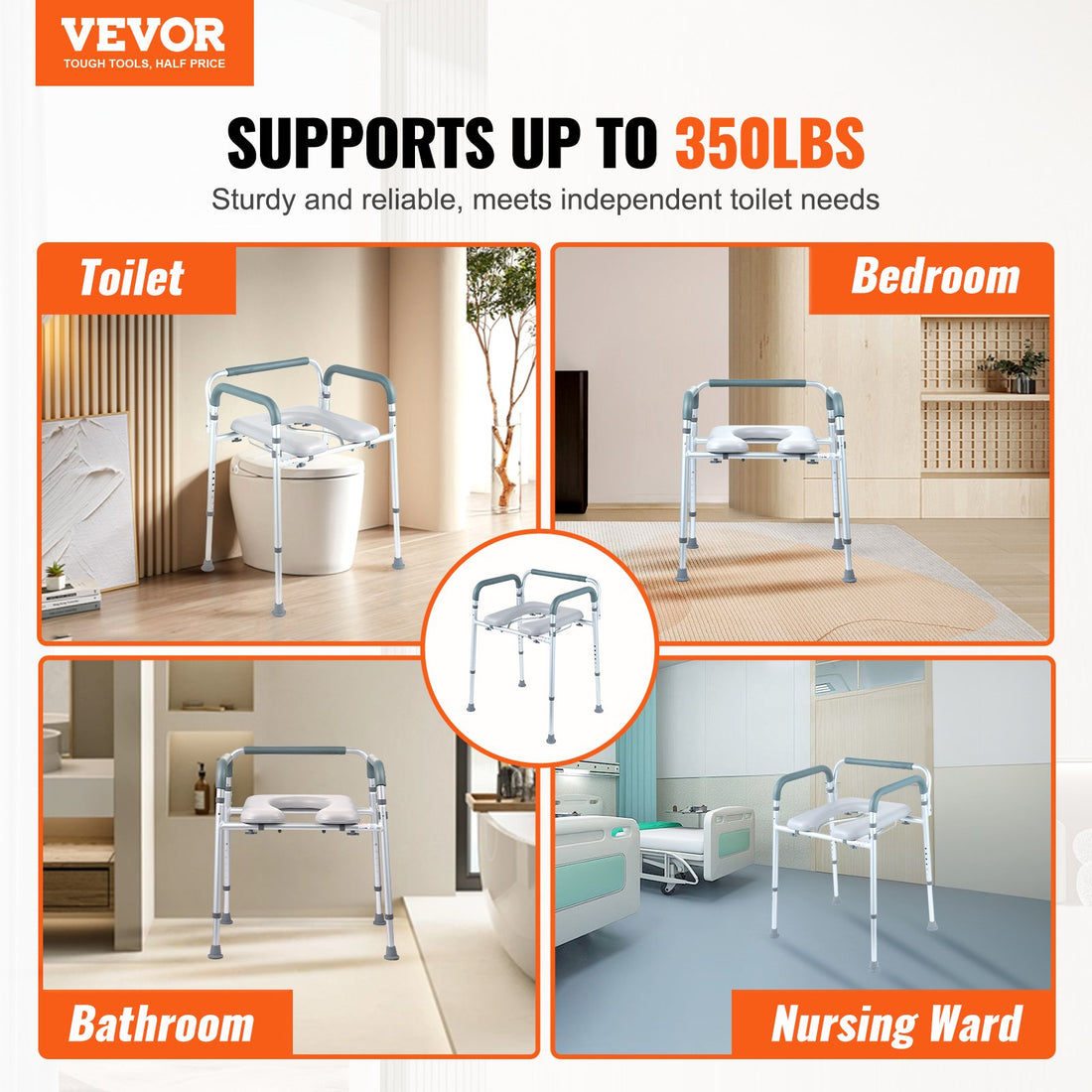 VEVOR Bedside Commode Chair Padded Seat Adjustable Height 350lbs