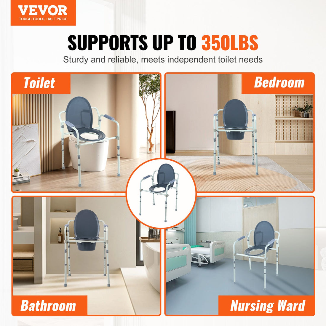Bedside Commode Chair with Adjustable Height and 5.8L Bucket 350LBS