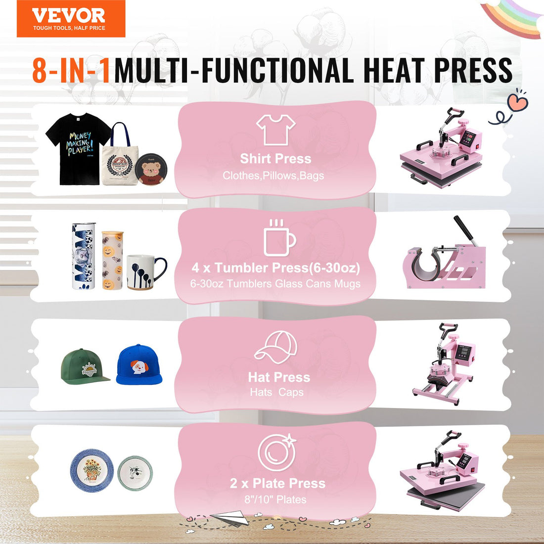 Vortaz Heat Press Machine 5-in-1 15x15 Swing Away Digital Pink