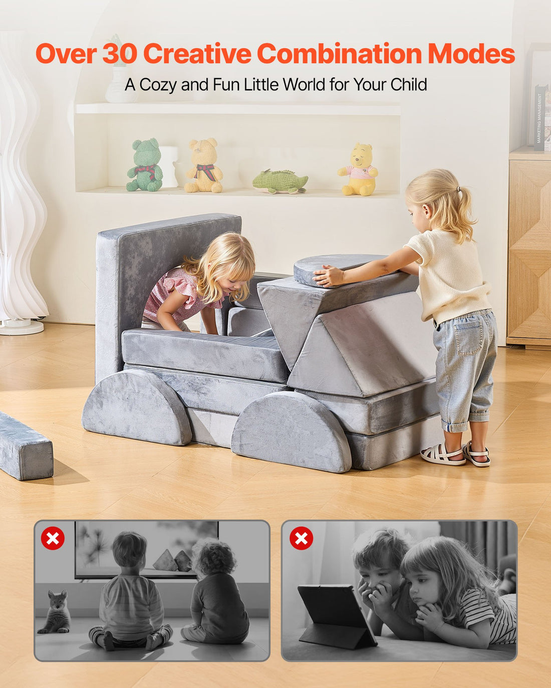 Kids Modular Play Couch 14-Piece Convertible Sofa Gray