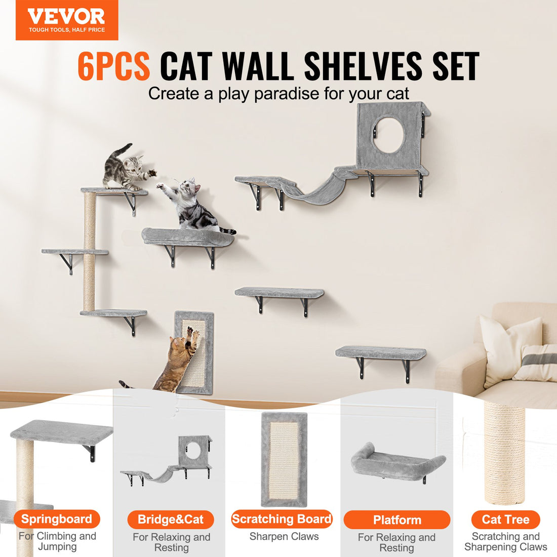 Wall Mounted Cat Shelf 6-Piece Set with Hammock Sofa and Perch