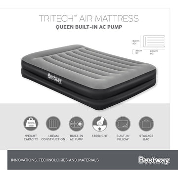 Bestway Tritech Air Mattress Queen 203x152x46cm Built-in AC Pump