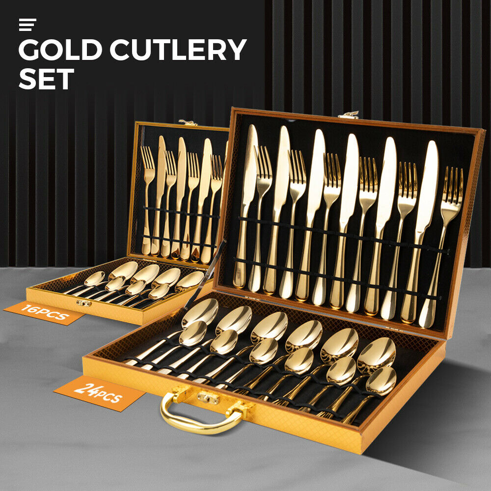 Gold Cutlery Set 24PCS Stainless Steel Flatware with Box