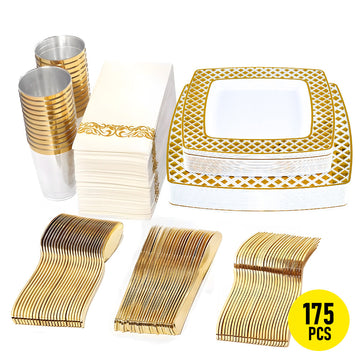 175pcs Gold-Edged Disposable Dinnerware Set 25 Guests Party Event