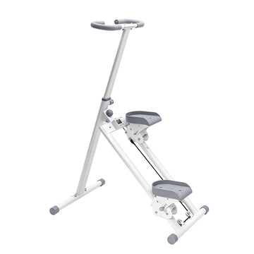 White foldable stair stepper with grey pedals, D-shaped handlebar and digital display on white background