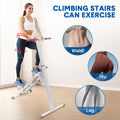 Woman using stair stepper, text 'Climbing Stairs Can Exercise' with waist, hip and leg body area callout images