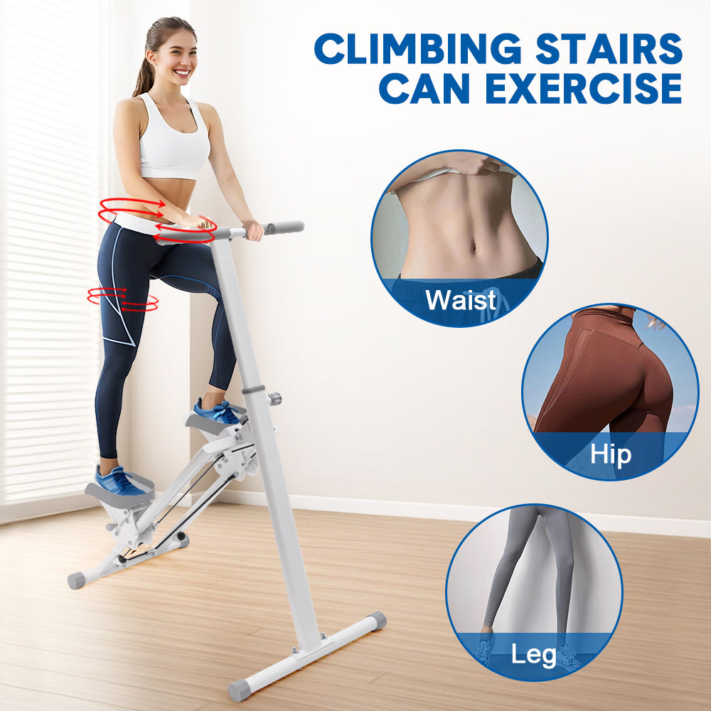 Woman using stair stepper, text 'Climbing Stairs Can Exercise' with waist, hip and leg body area callout images