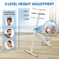 Infographic showing 5-level handlebar height adjustment at 116cm 122cm and 128cm with knob adjustment callout