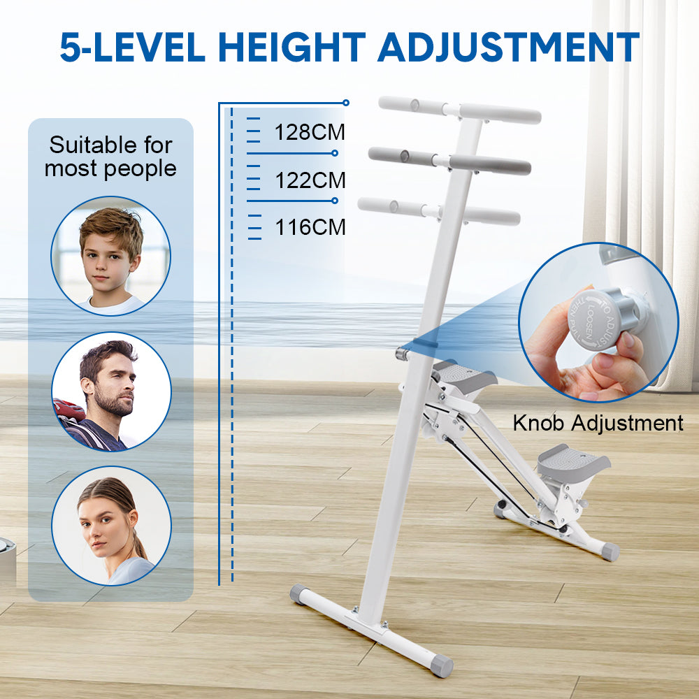 Infographic showing 5-level handlebar height adjustment at 116cm 122cm and 128cm with knob adjustment callout