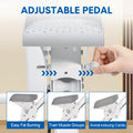 Close-up of adjustable grey pedal with knob, text Adjustable Pedal and three pedal angle positions labelled below
