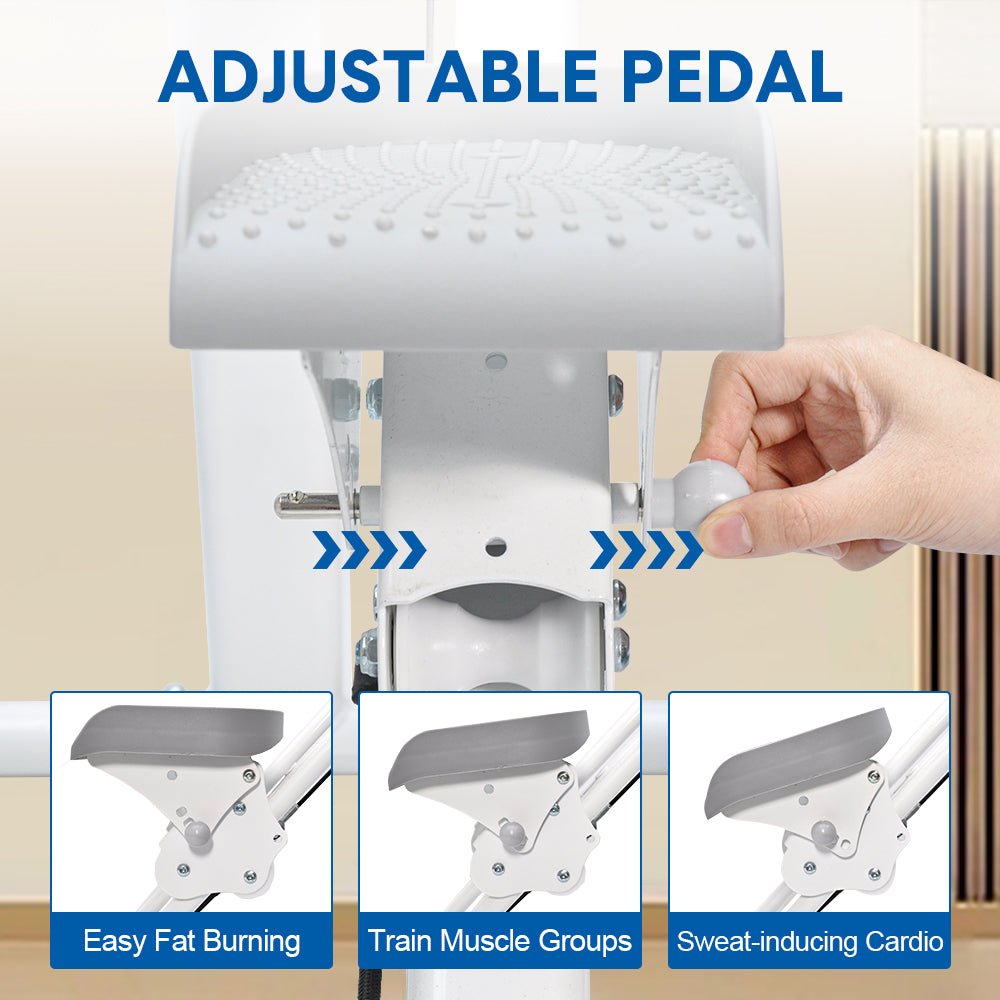 Close-up of adjustable grey pedal with knob, text Adjustable Pedal and three pedal angle positions labelled below