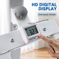 Close-up of LCD digital display on white frame, hand pressing red button, labelled SCAN TIME DIS COUNT T-COUNT CALORIES