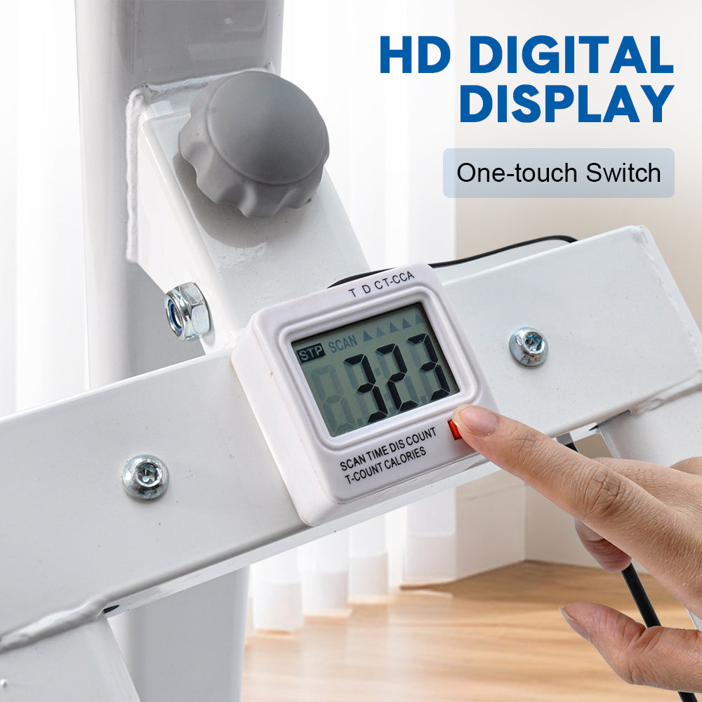 Close-up of LCD digital display on white frame, hand pressing red button, labelled SCAN TIME DIS COUNT T-COUNT CALORIES