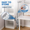 Stair stepper folded upright between bookshelf and desk, callouts showing folding hinge and twist-to-remove handlebar knob