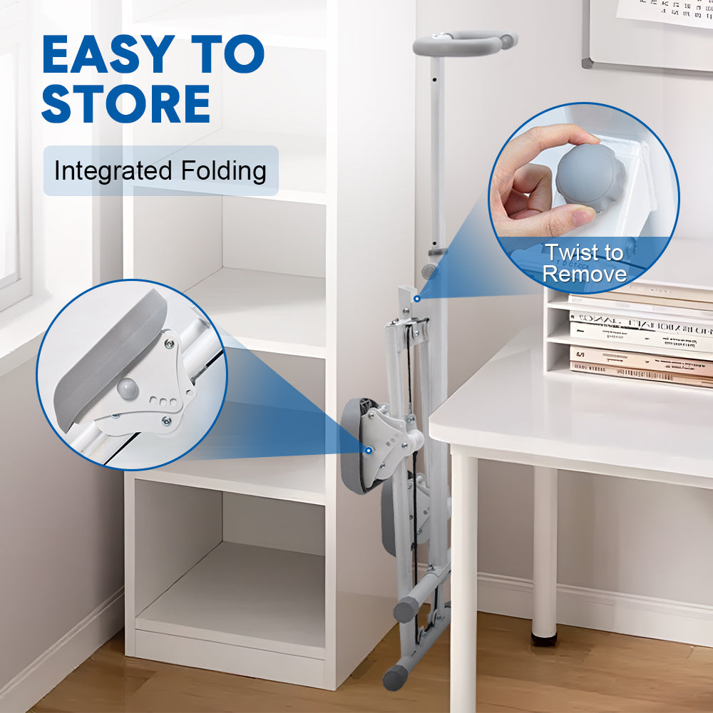 Stair stepper folded upright between bookshelf and desk, callouts showing folding hinge and twist-to-remove handlebar knob