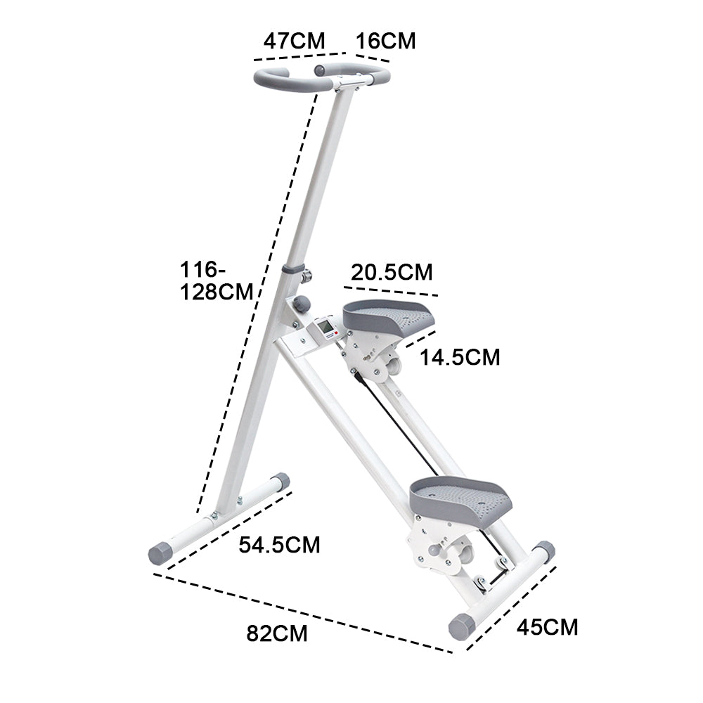 Dimensions diagram showing stair stepper measurements: 82cm length, 45cm width, 116-128cm height, 47cm handlebar width