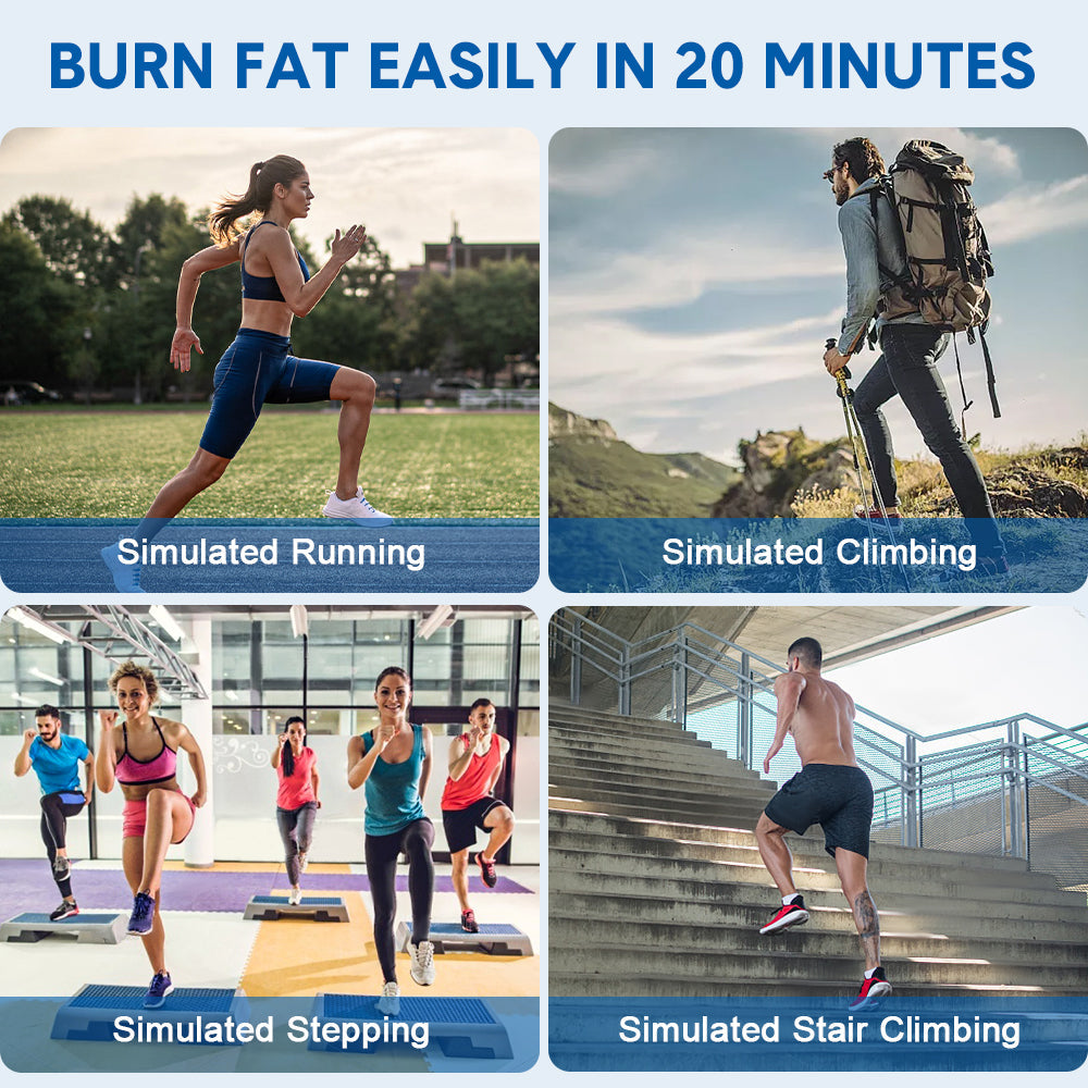Infographic with text Burn Fat Easily In 20 Minutes and four exercise panels: running, climbing, stepping and stair climbing