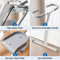 Four component close-ups numbered 1-4: elastic rope, D-shaped handle, textured non-slip pedal and rubber base feet