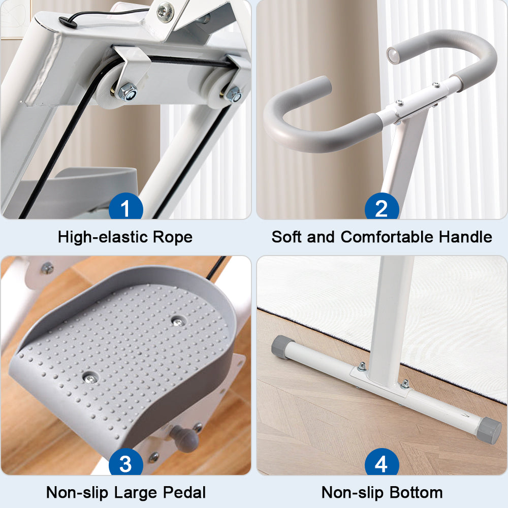 Four component close-ups numbered 1-4: elastic rope, D-shaped handle, textured non-slip pedal and rubber base feet