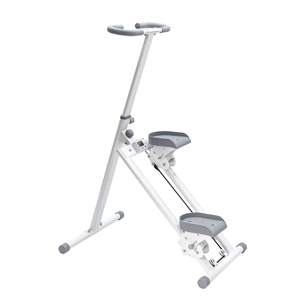 White foldable stair stepper on white background showing triangular steel frame, grey textured pedals and resistance cable