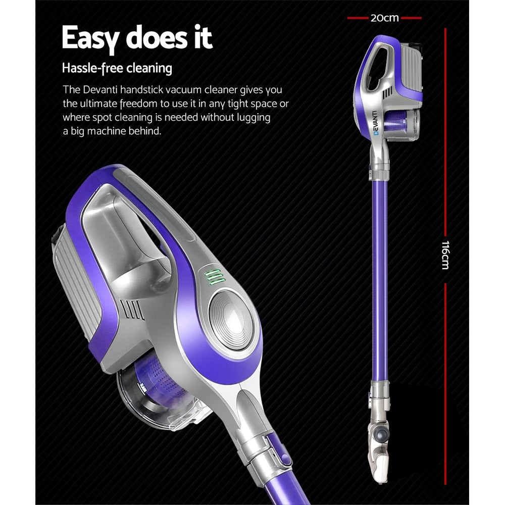 Devanti Cordless Stick Vacuum 150W Bagless HEPA Purple