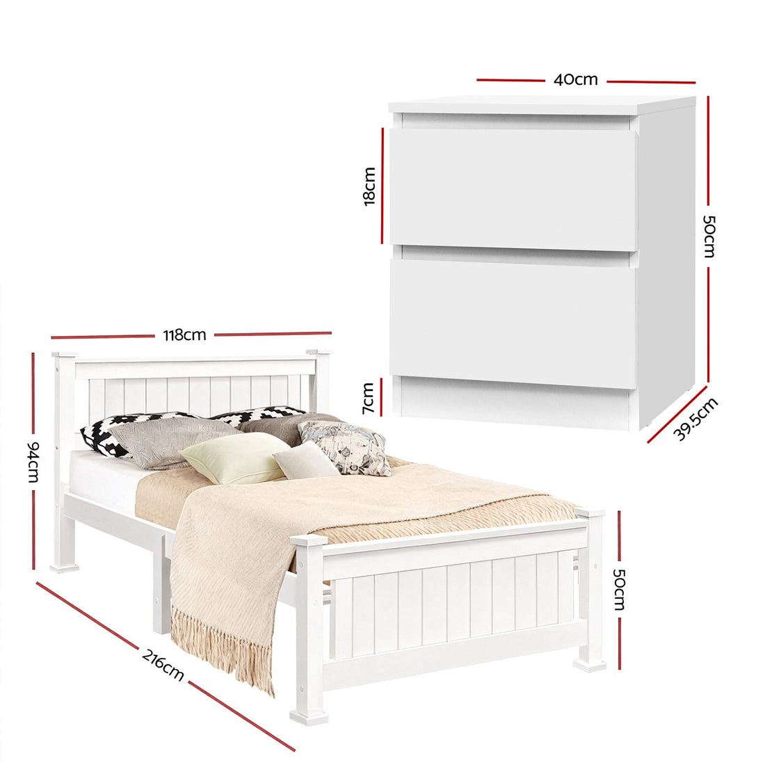 Artiss King Single Bed Frame with Matching Bedside Table White