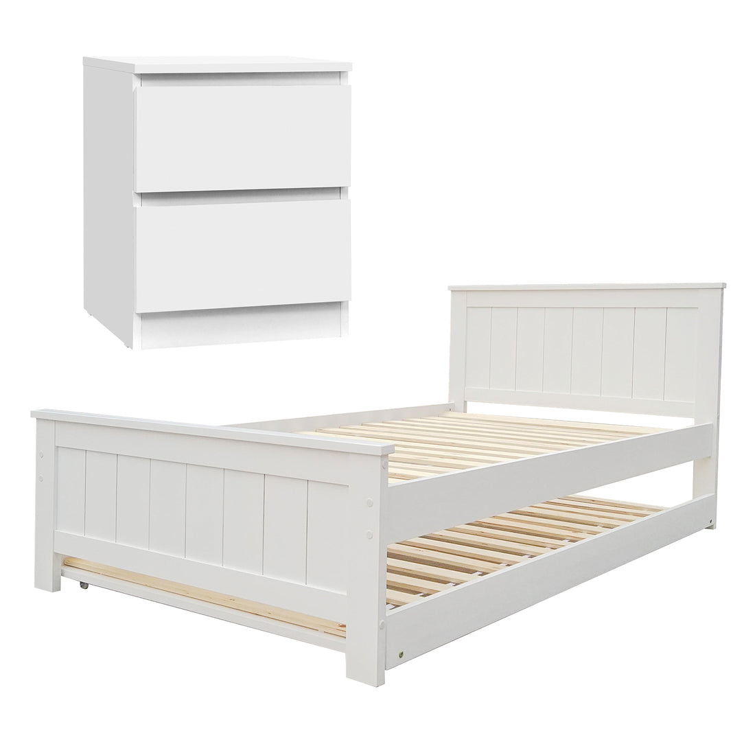 Artiss King Single Trundle Bed and Bedside Table White