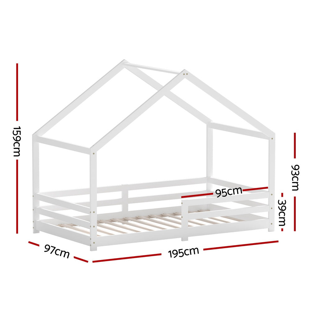 Artiss Amos Kids House Bed Frame Single White Pinewood