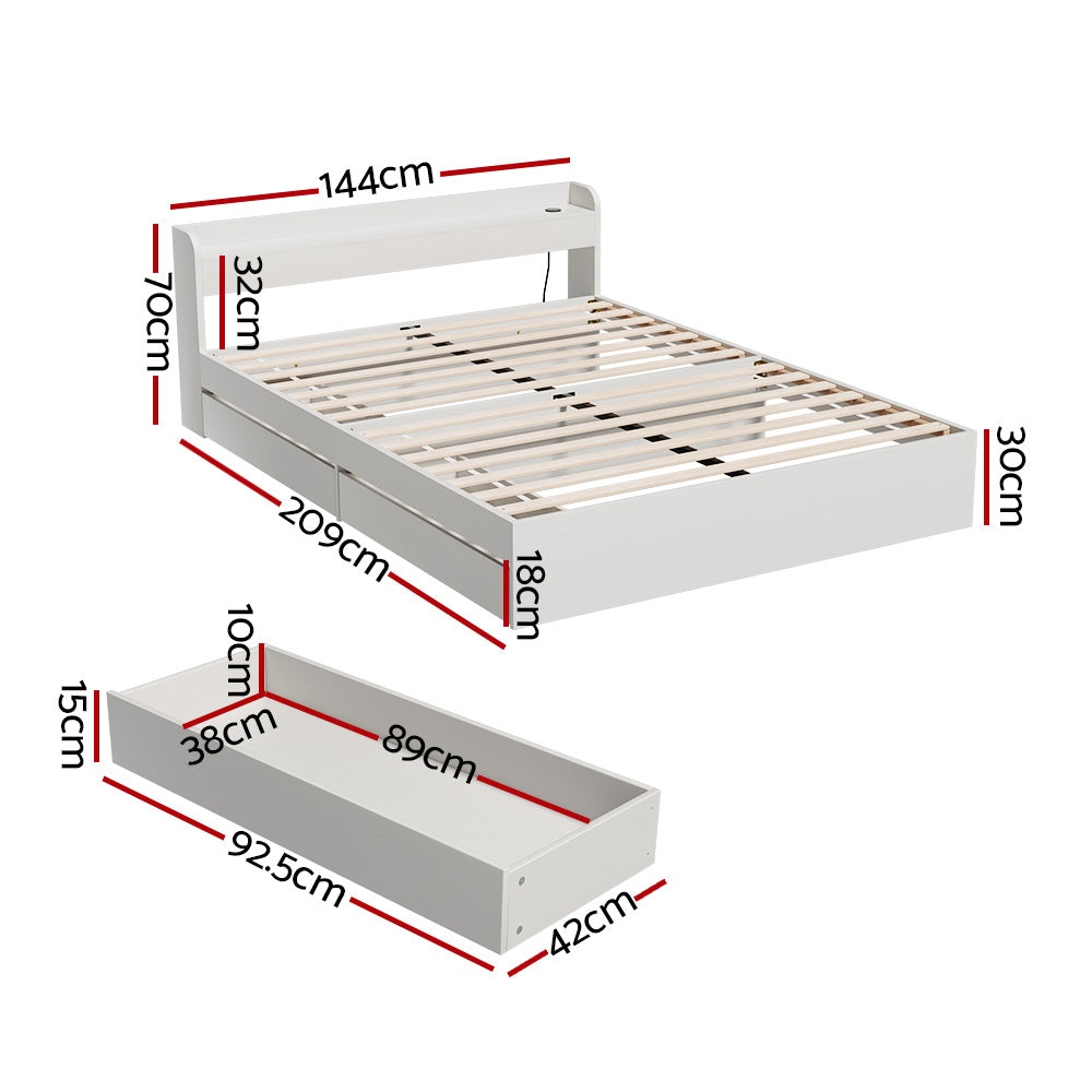 Artiss Storage Bed Frame Double White USB Charging
