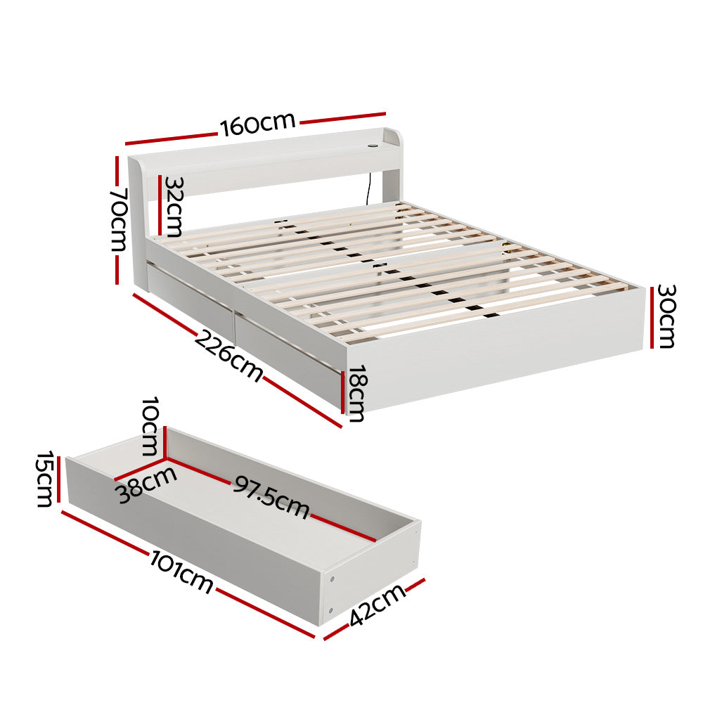 Artiss Storage Bed Frame Queen White USB Charging