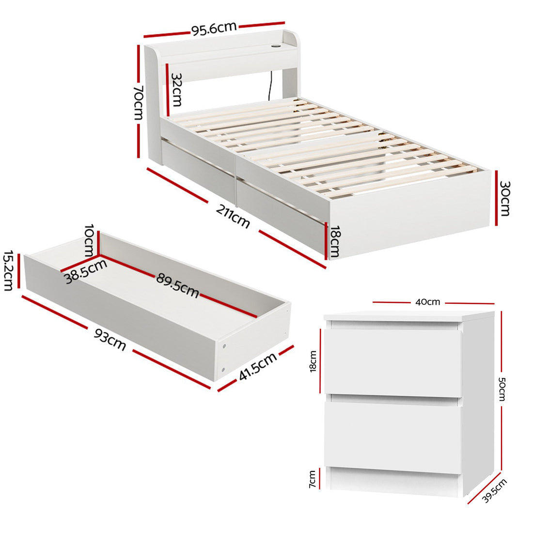 Artiss Single Bed Frame with Storage Headboard and Bedside Table White