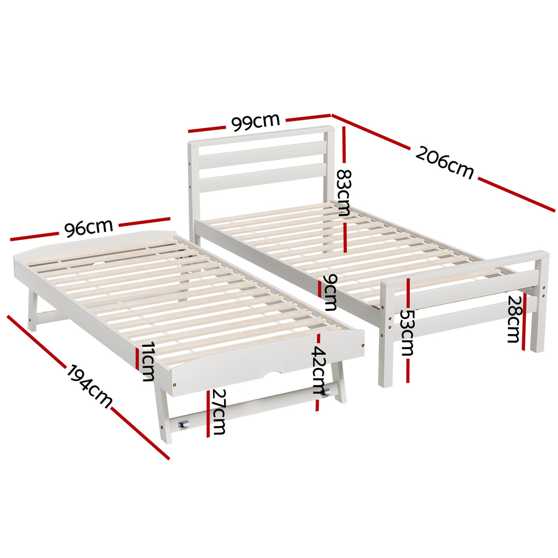 Artiss 2-in-1 Trundle Bed Frame with Slatted Headboard Single White