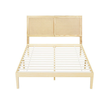 Artiss Rattan Headboard Bed Frame Double Pine Wood