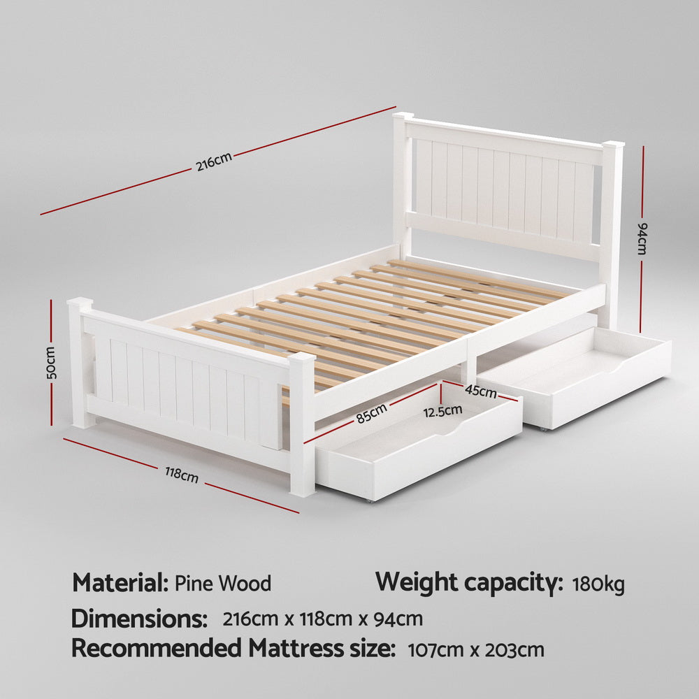 Artiss Rio Pine Wood Bed Frame King Single White Storage Drawers