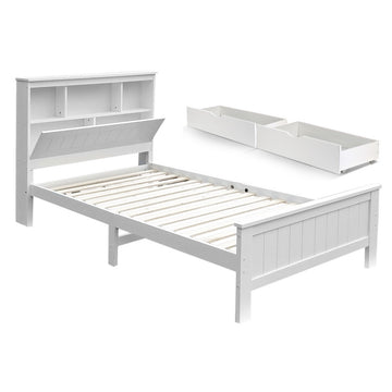 Artiss King Single Wooden Bed Frame with Storage Headboard White