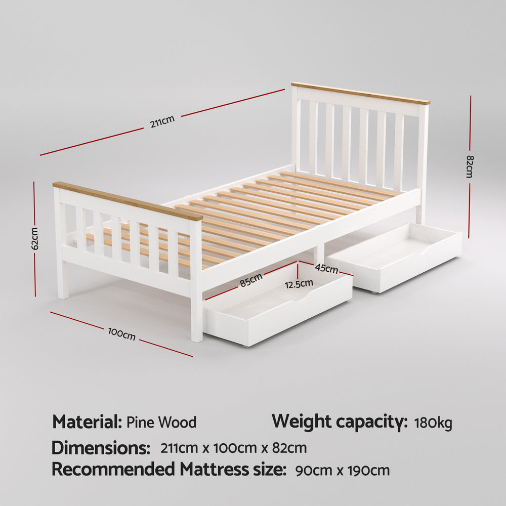 Artiss Pony Wooden Bed Frame with 2 Storage Drawers Single White