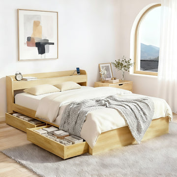 Artiss Metal Bed Frame Queen Size with Charging Ports and Drawers