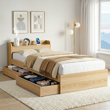 Artiss Single Bed Frame 2 Storage Drawers Platform Bed Base USB Charging Natural