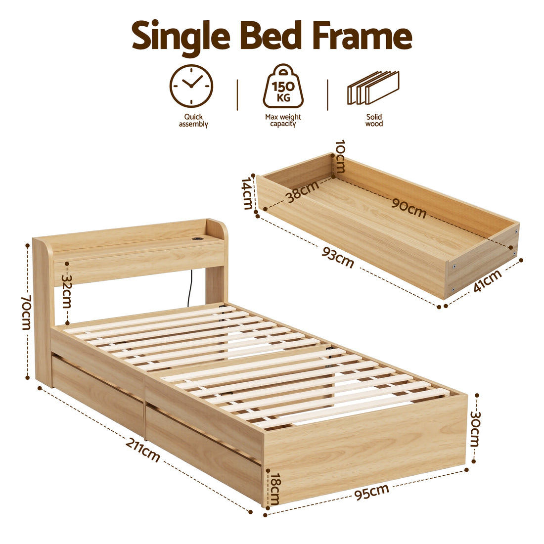 Artiss Single Bed Frame 2 Storage Drawers Platform Bed Base USB Charging Natural